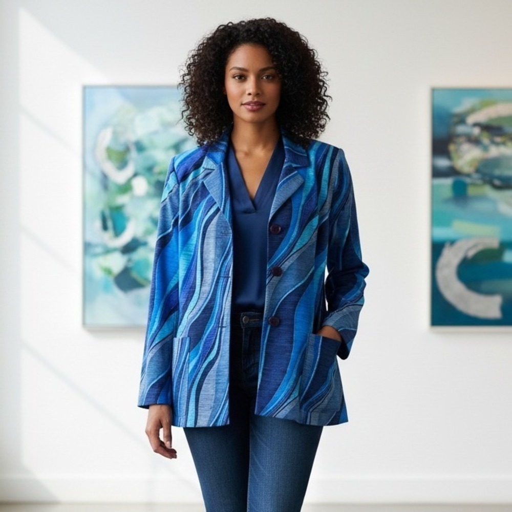Dress Barn Blazer Jacket Womens Size M Button Up Pockets Multi Blues 3 Buttons - Picture 1 of 8